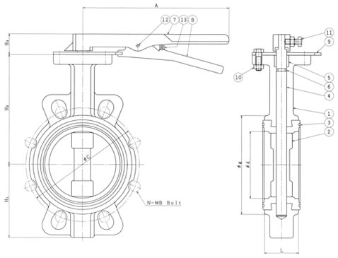 設計図 レバー式 10K(5K 共用)バタフライバルブ B−1−L