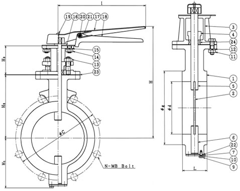 設計図 レバー式 10K(5K 共用)バタフライダンパー弁 B−7−L