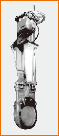 ラウンドポートナイフゲートバルブ 手動兼エアーシリンダー操作 電空ポジショナー式 S−1026